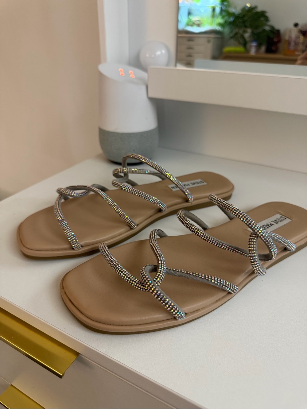 Steve Madden Nude Tan Rhinestone Multi-Strap Slide Sandals